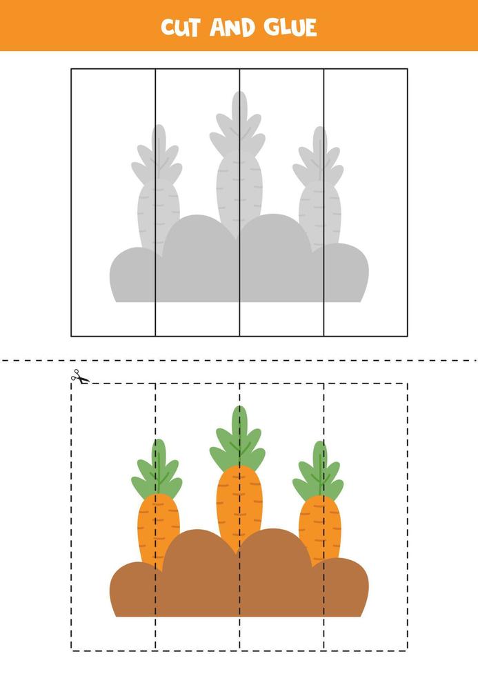 Cut and glue parts of cartoon carrot bed. vector