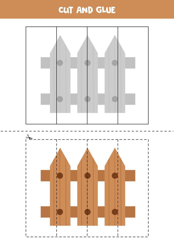 Cut and glue parts of cartoon wooden fence. vector