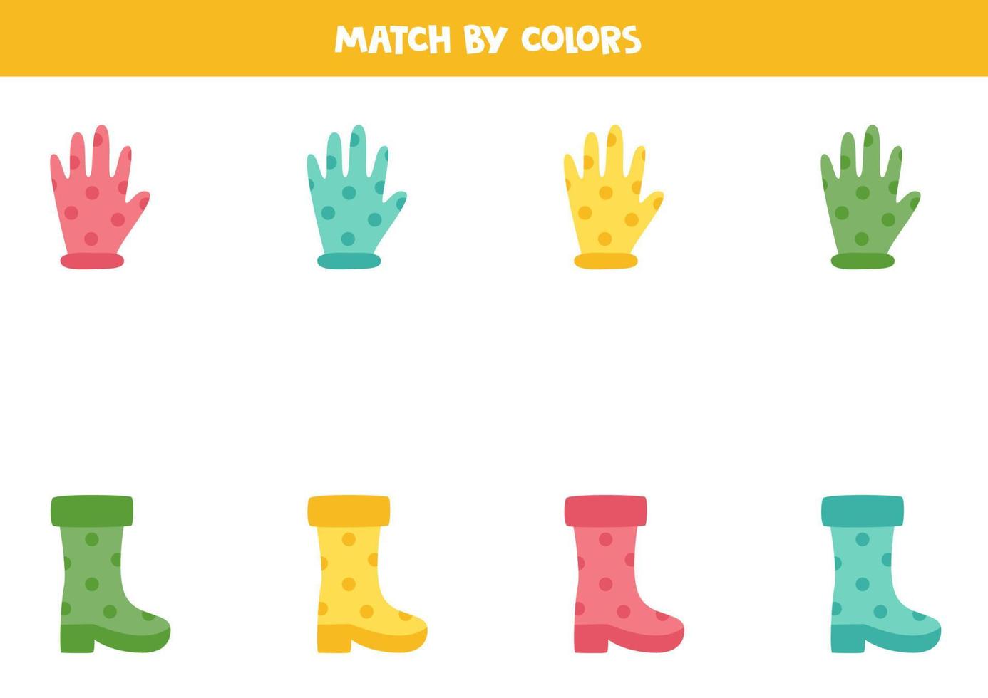 Color matching game for preschool kids. Match boots and gloves by colors. vector