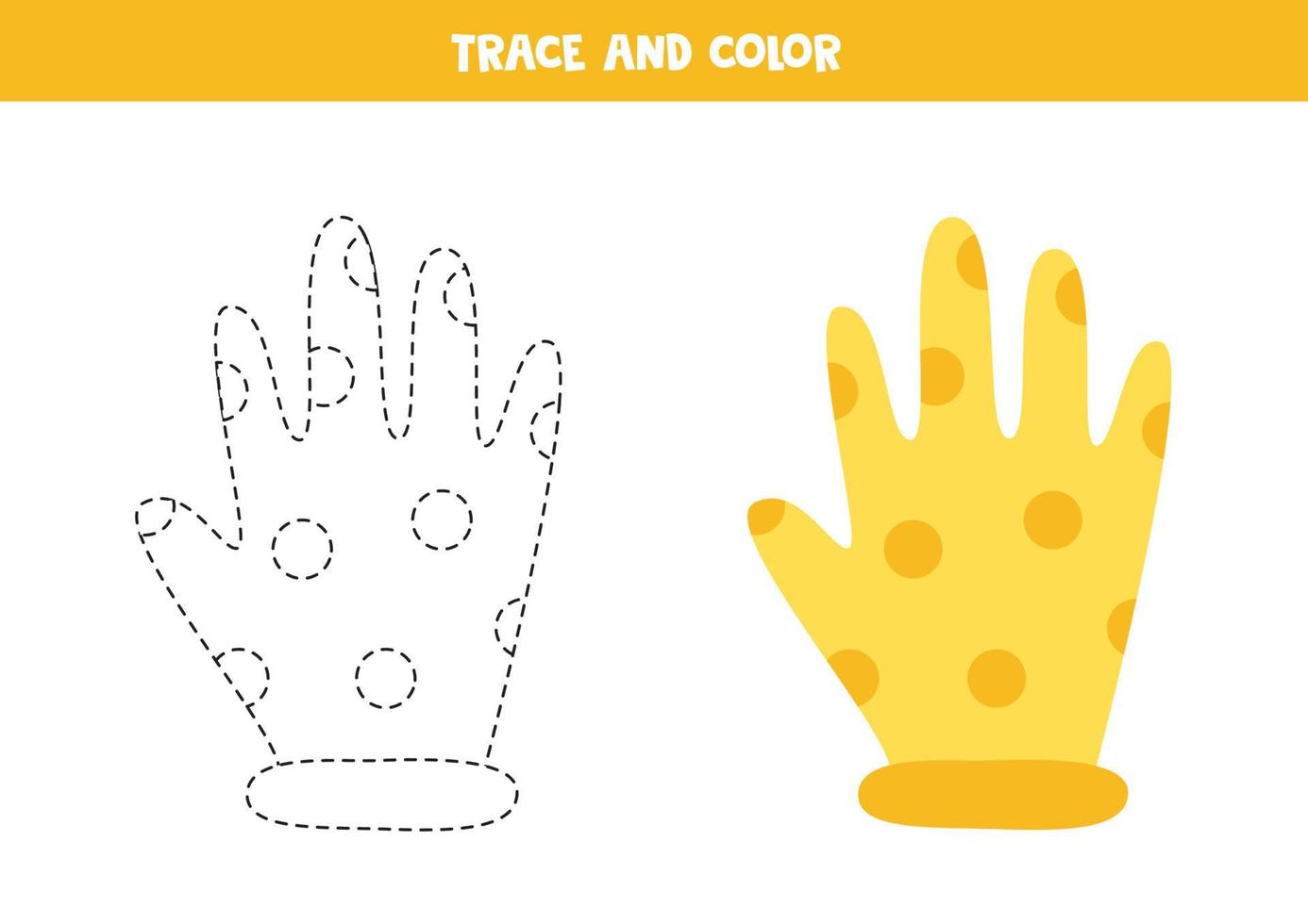 Trace and color cute yellow garden glove. Worksheet for children. vector