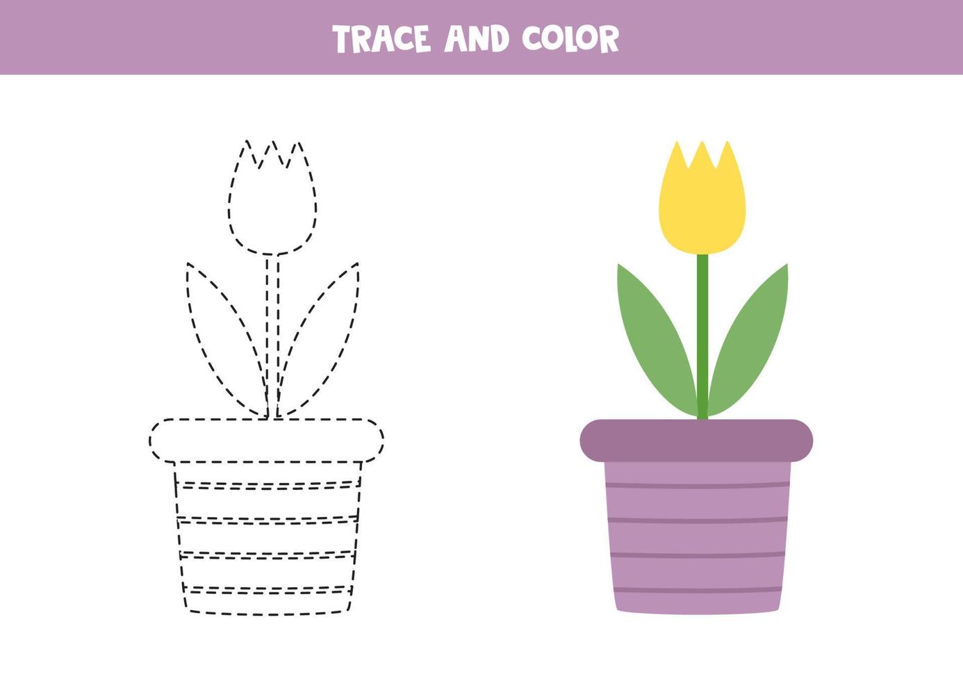 Trace and color cute tulip on pot. Worksheet for children. vector