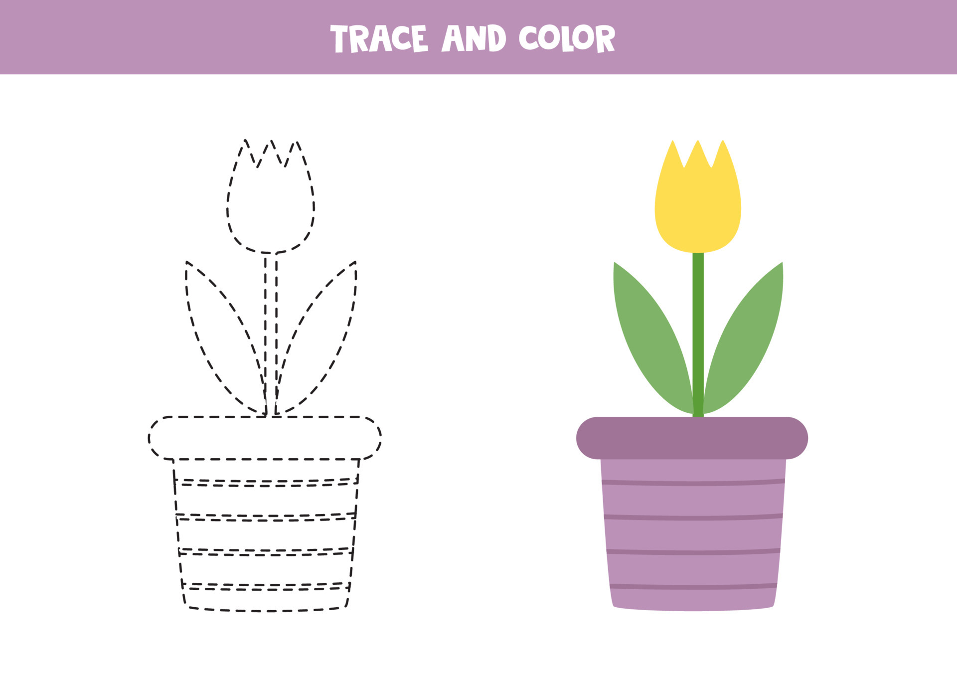 Trace and color cute tulip on pot. Worksheet for children. 6916961