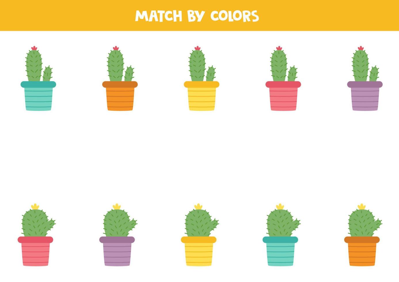 Color matching game for preschool kids. Match cacti by colors. vector