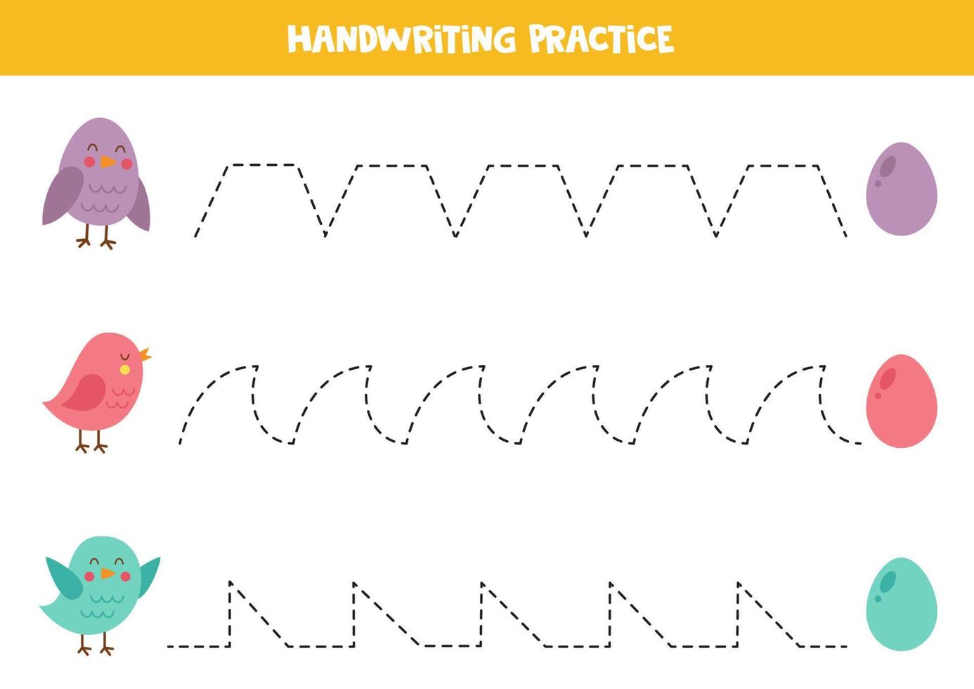 Tracing lines for kids. Cute birds and eggs. Writing practice. vector