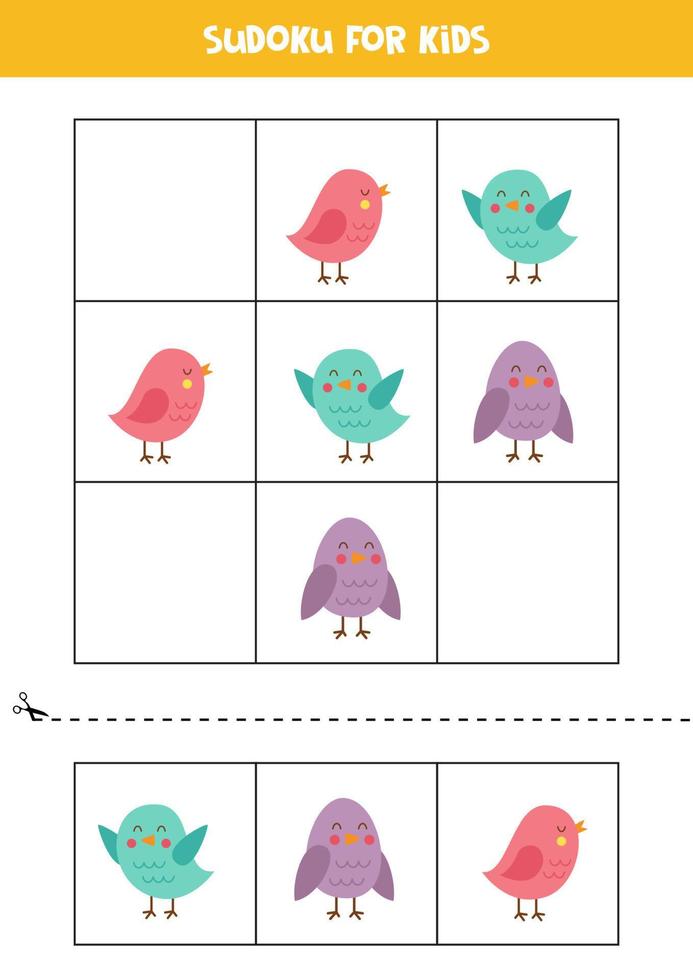 Educational sudoku game with cute spring birds for kids. vector