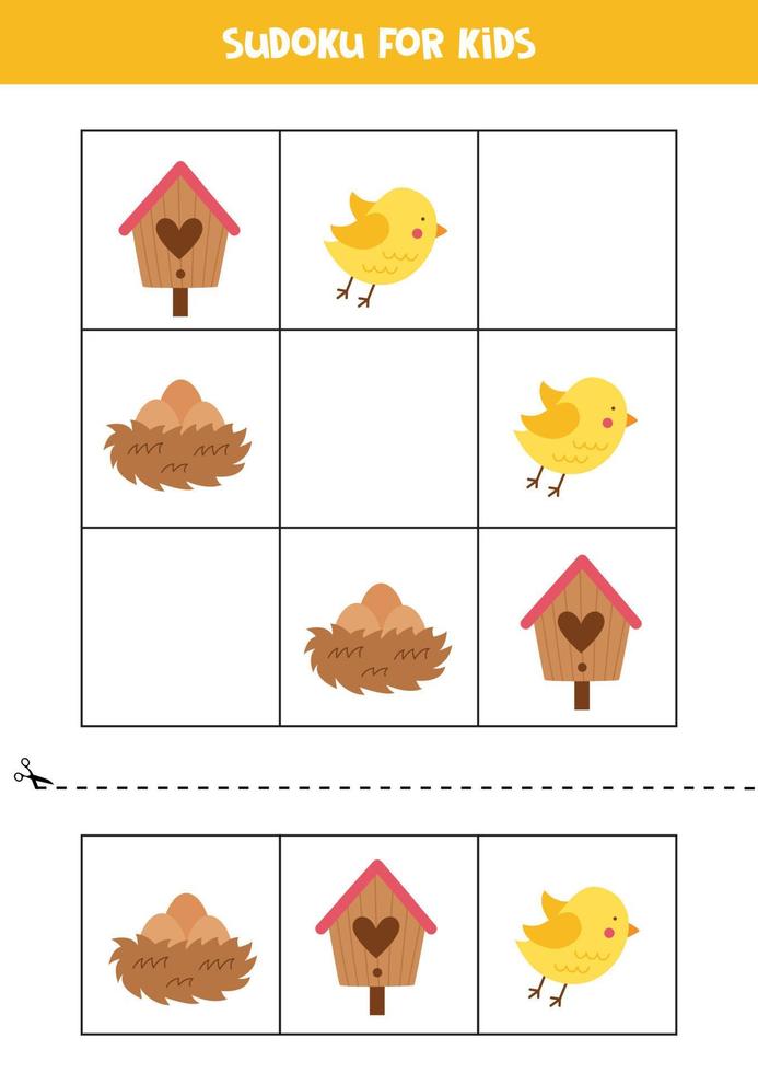 Sudoku with cute spring birds and nest for preschool kids. Educational worksheet. vector