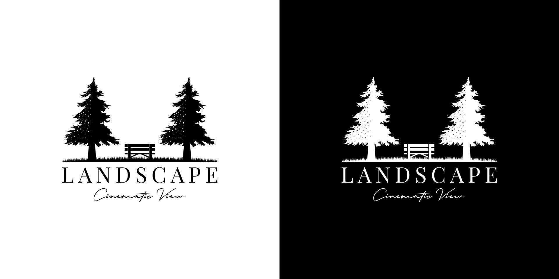 pine tree and wooden bench cinematic landscape view logo design vector