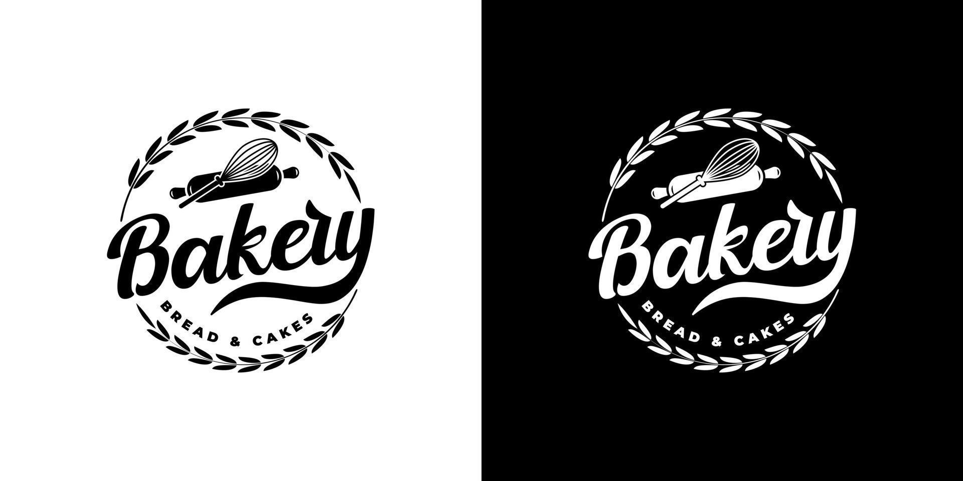 label emblem badge bakery logo design with rolling pin balloon whisk and circular wheat vector