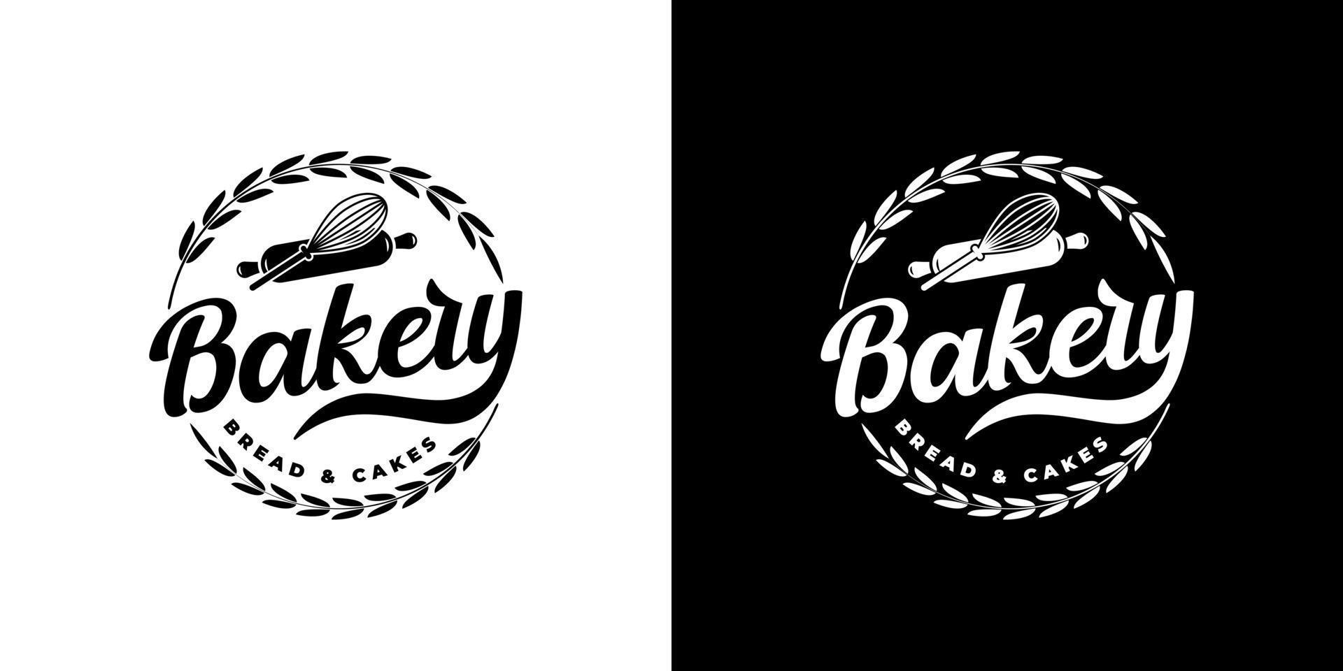 label emblem badge bakery logo design with rolling pin balloon whisk and circular wheat vector