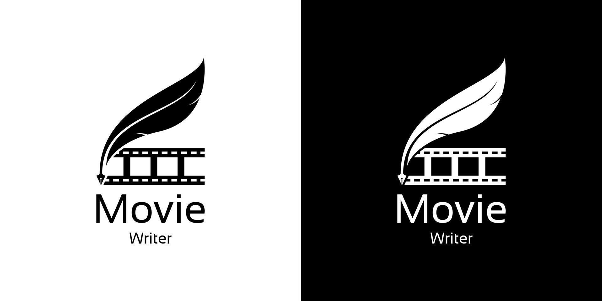 movie writer cinema film production with filmstrip and quill feather pen logo design vector