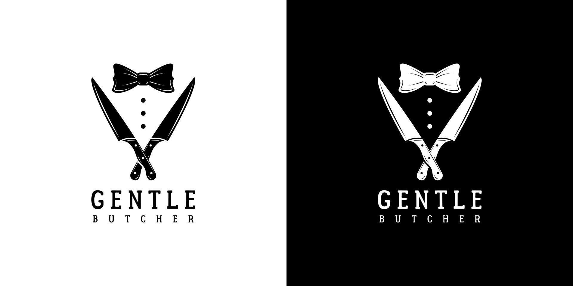 bow tie tuxedo with butcher knife butchery logo design vector