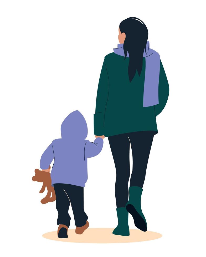Woman with a child. The girl leads the child by the hand, rear view. Refugees. Vector image.