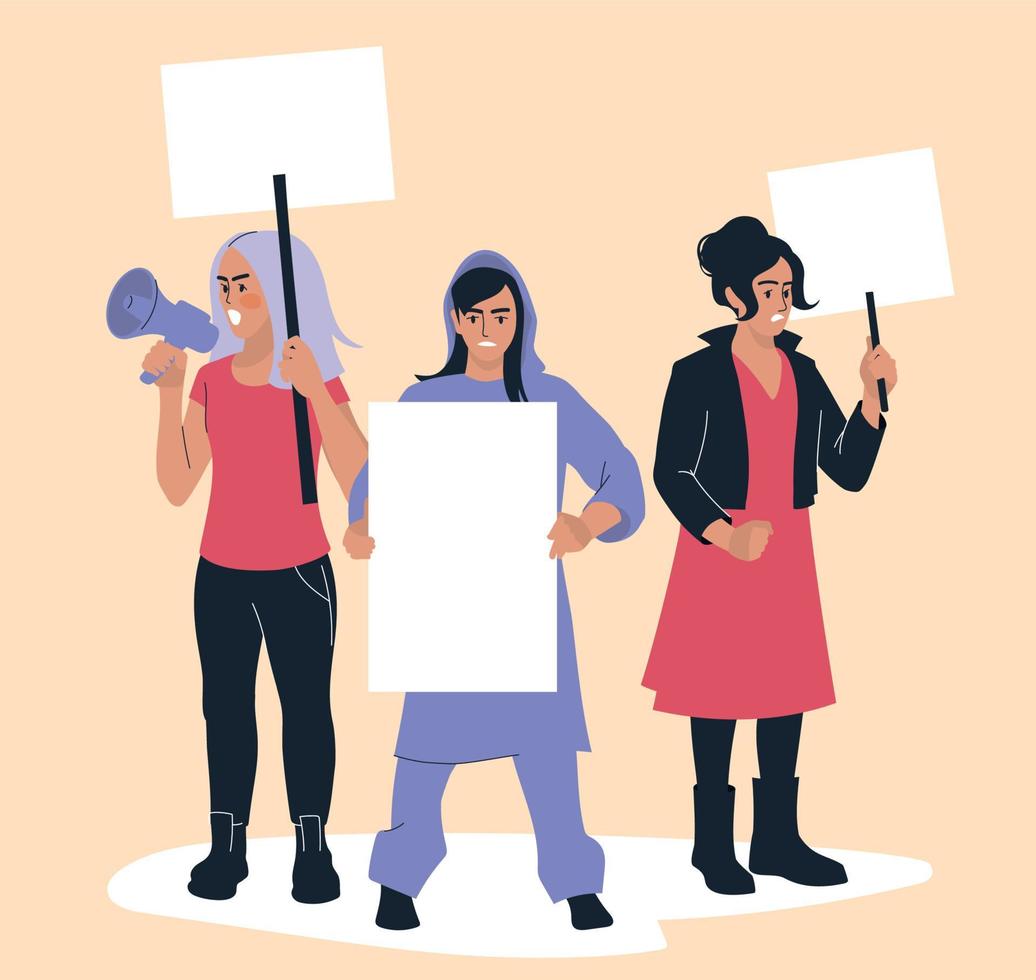 Protest. Women with posters express their opinion. Feminism. People at the rally. Vector image.