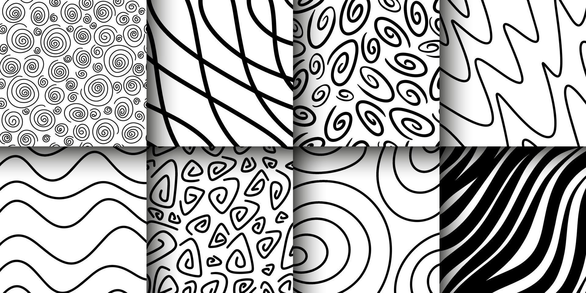 Hand-drawn ink pattern and textures set. Expressive seamless abstract vector backgrounds in black and white. Trendy monochrome brush marks. Set of seamless abstract hand-drawn patterns. Vector modern