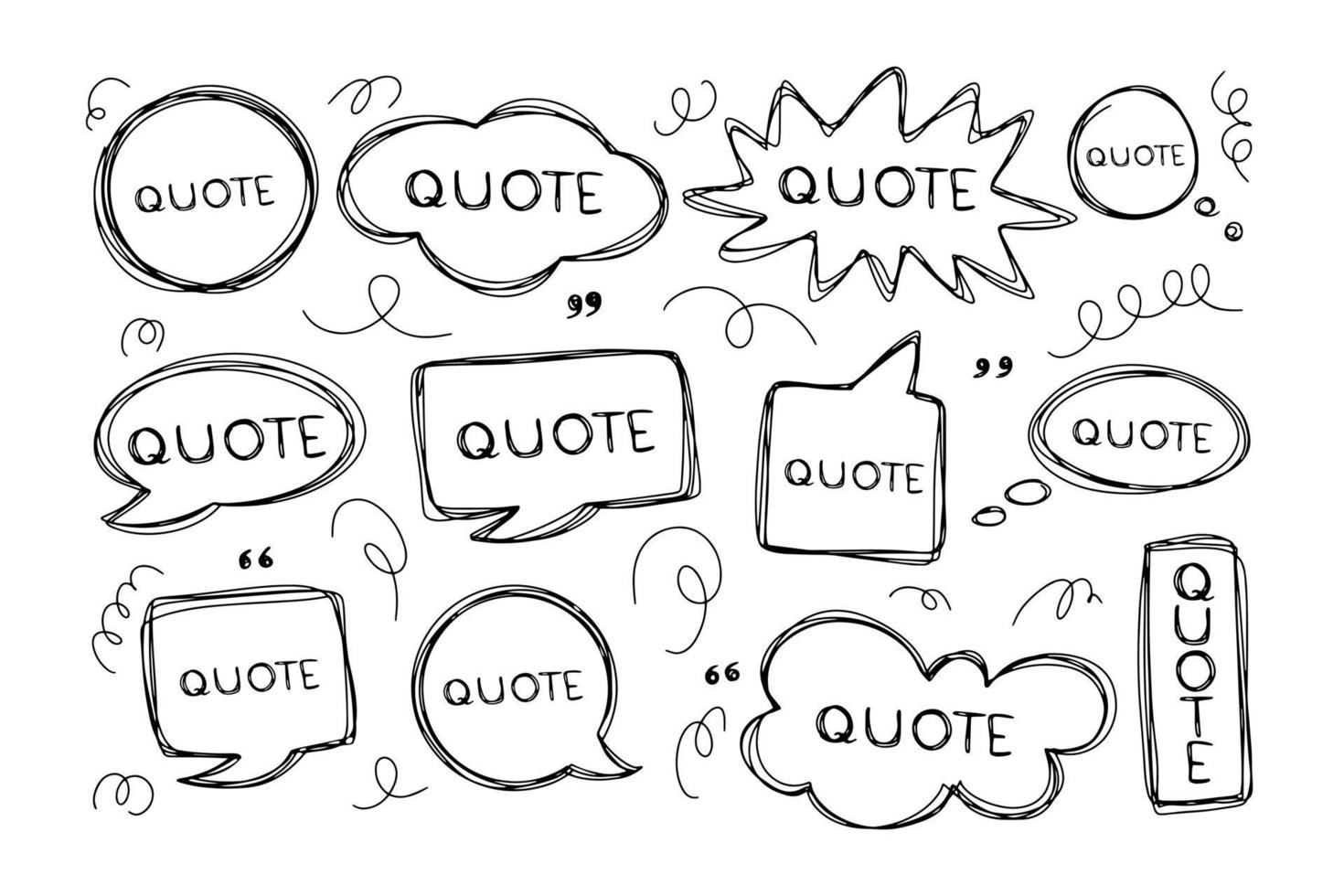 Set of scribbled comic speech bubbles with hand drawn doodle style. Copy space for quote. Hand drawn set of speech bubbles with dialog words. Vector illustration