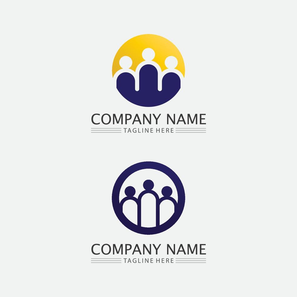 logotipo de personas, conjunto y equipo, éxito en el trabajo de las personas, grupo y comunidad, vector de logotipo de empresa y empresa de grupo y cuidado del diseño, logotipo de éxito de icono familiar