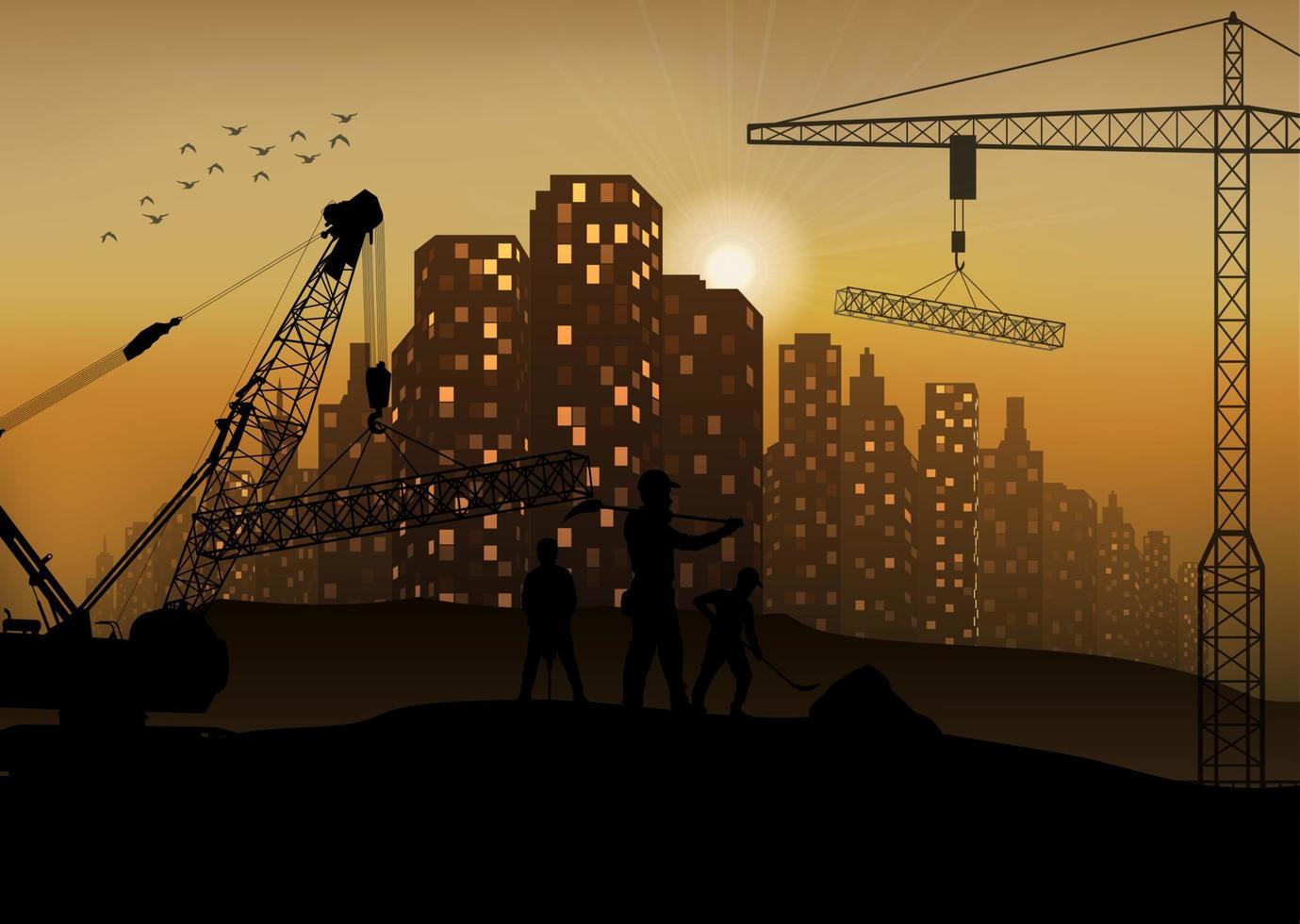 ilustración vectorial de la silueta del trabajador de la construcción al atardecer vector