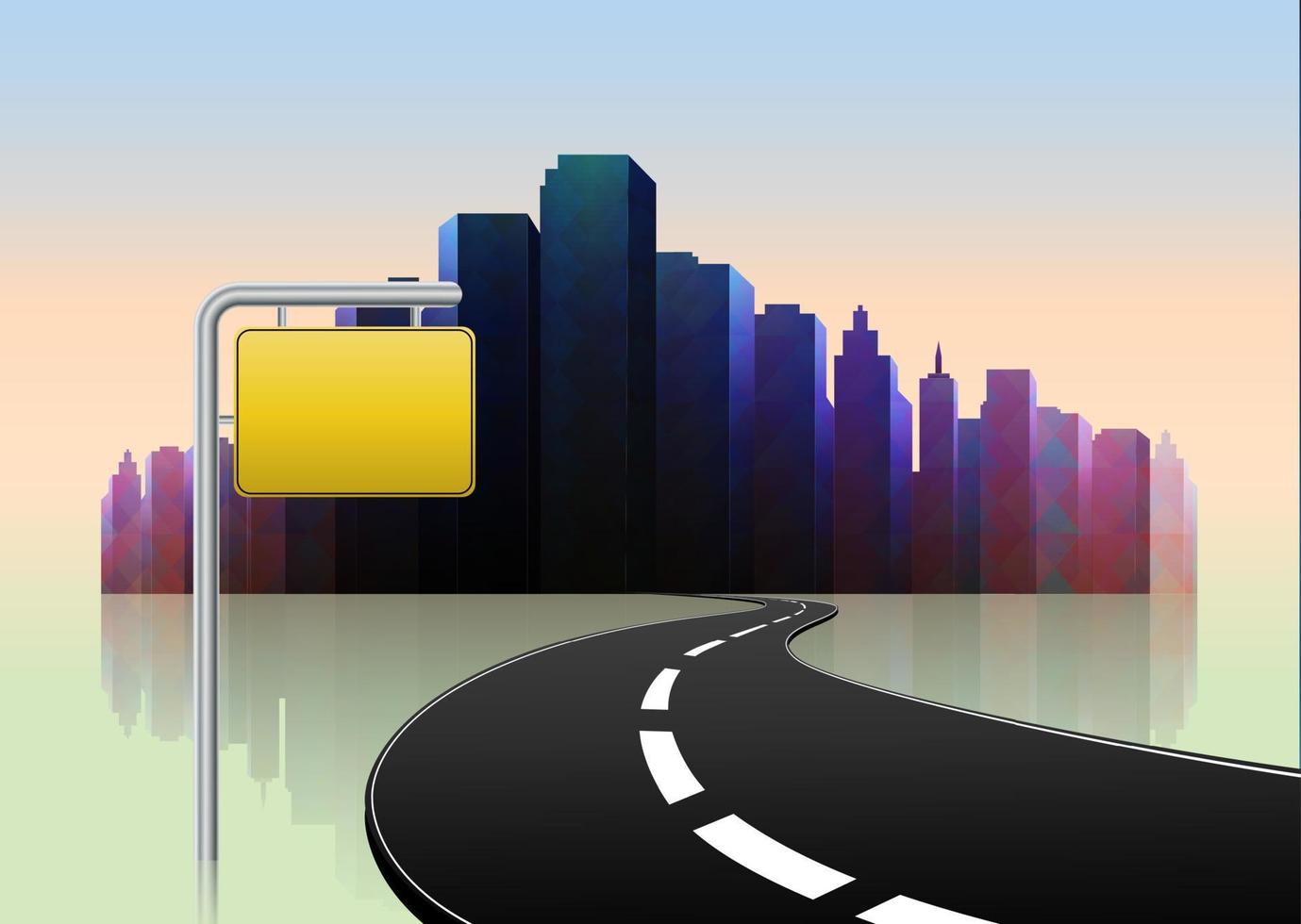 Vector illustration of Road way to city buildings background