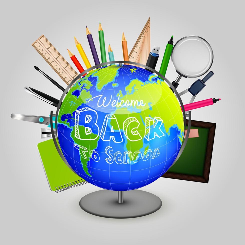 Welcome back to school with stationery and globe vector