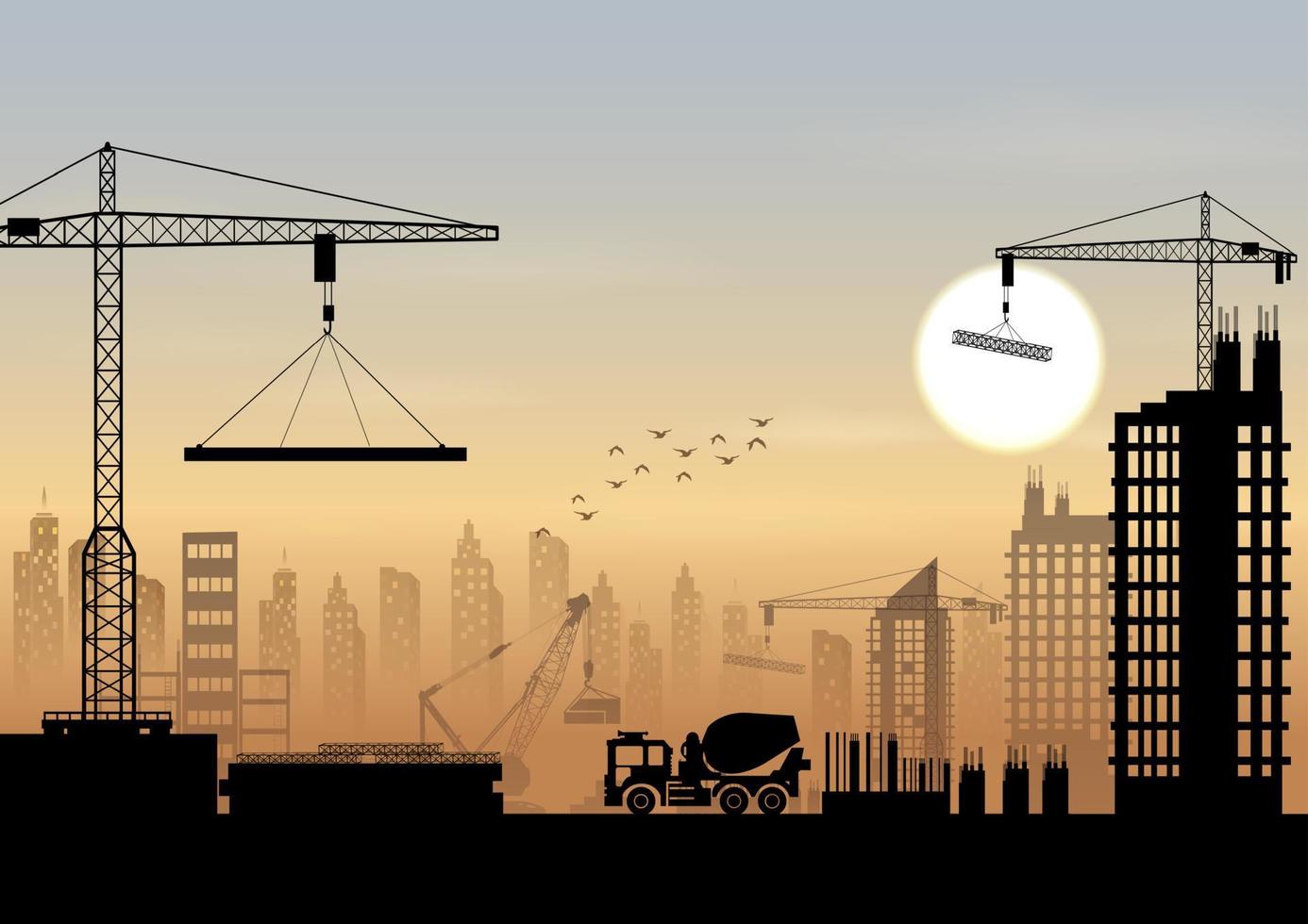 Vector illustration of Silhouettes of cranes working on the building