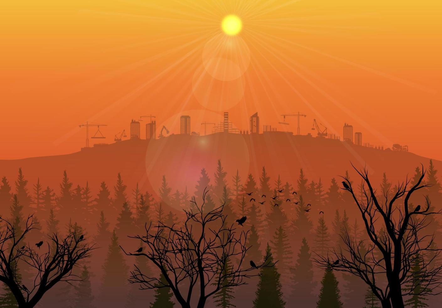 Vector illustration of Construction site on the hills at sunset