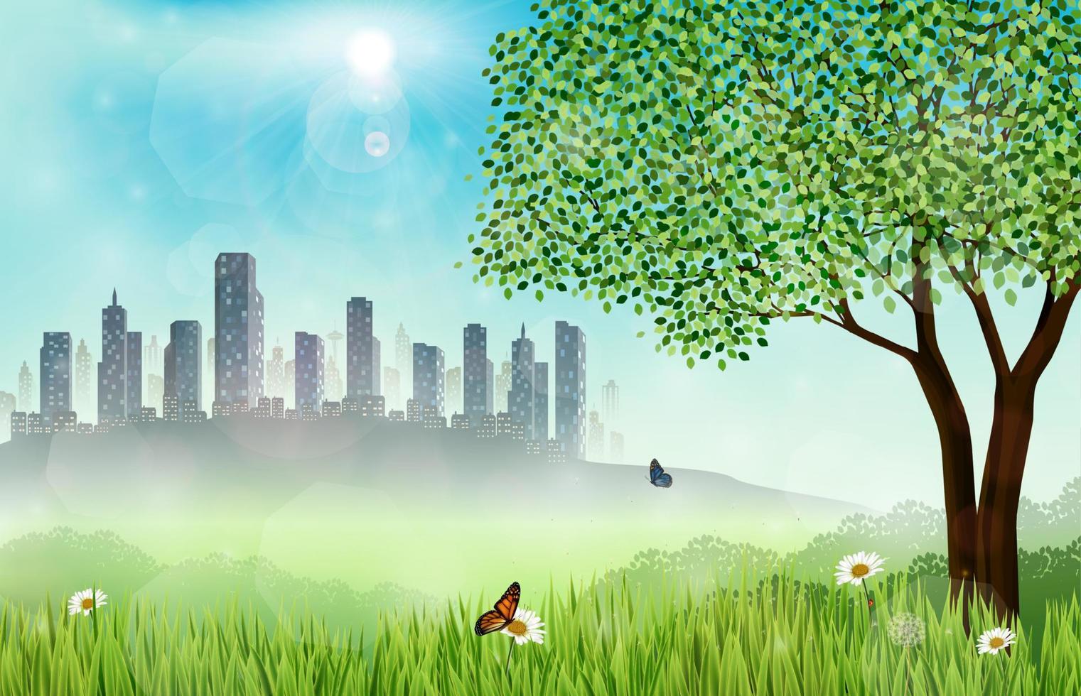 Green meadow background with buildings vector