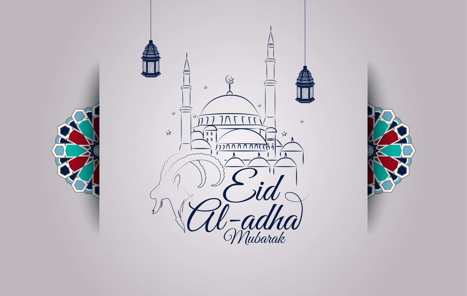ilustración vectorial de la tarjeta de felicitación eid al-adha con cabeza de cabra y mezquita vector