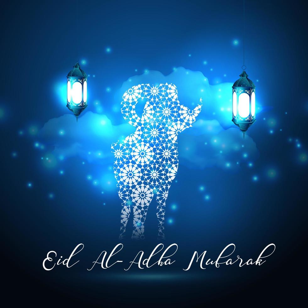 Illustration of Eid Adha blue glow light lantern of sacrifice Eid-Ul-Adha with sheep vector