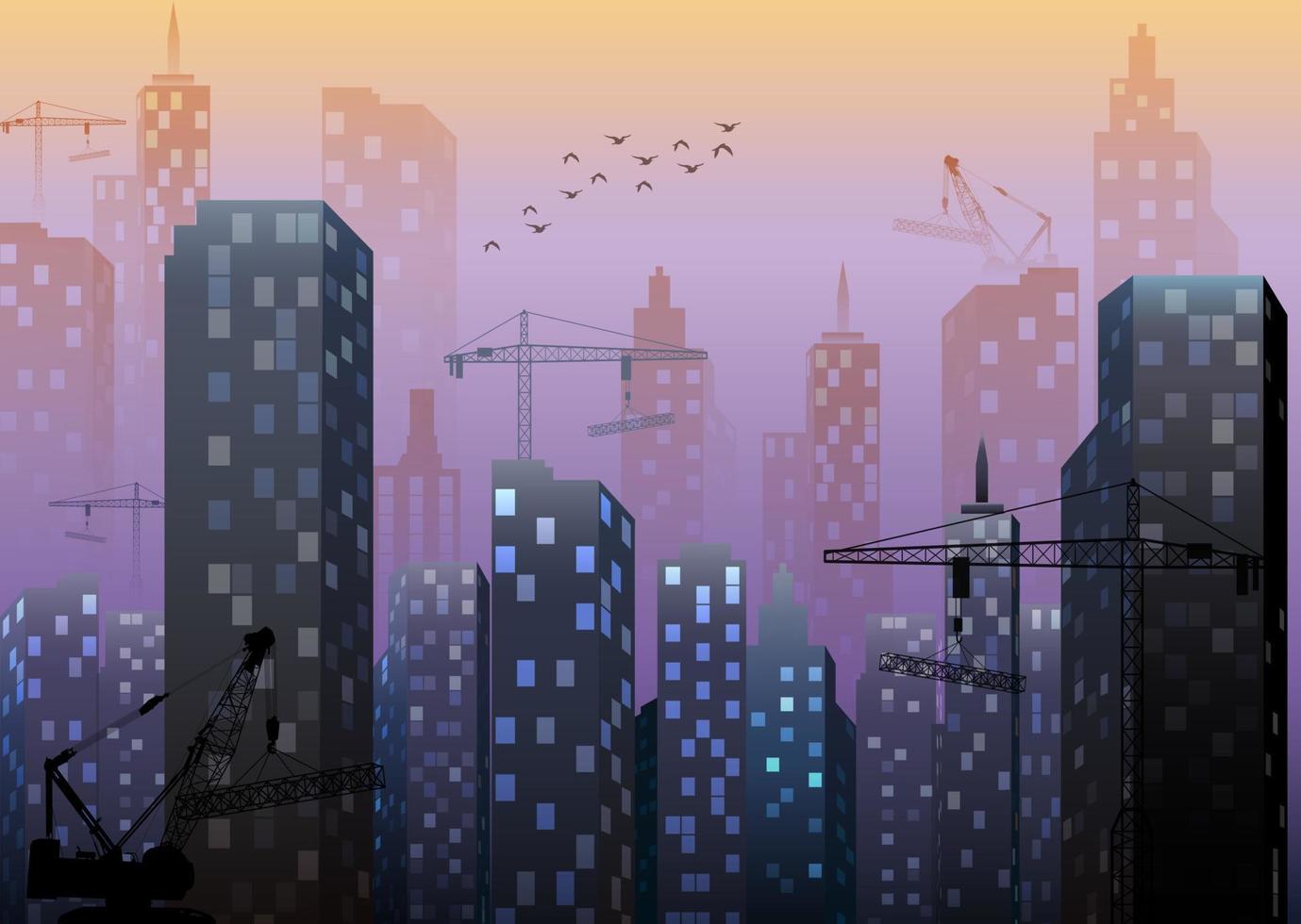 Vector illustration of Construction site with buildings and cranes