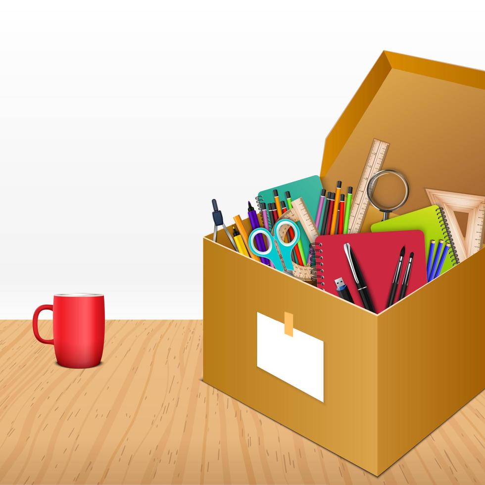 Office accessories in a cardboard box on wooden background vector