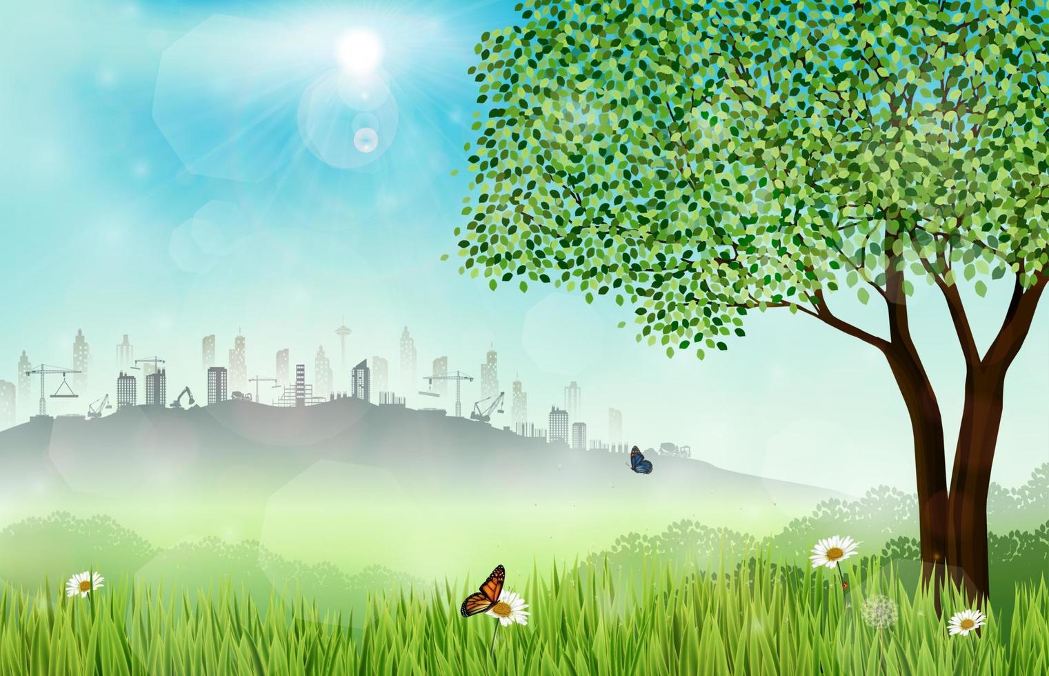 Vector illustration of Green meadow background with construction site
