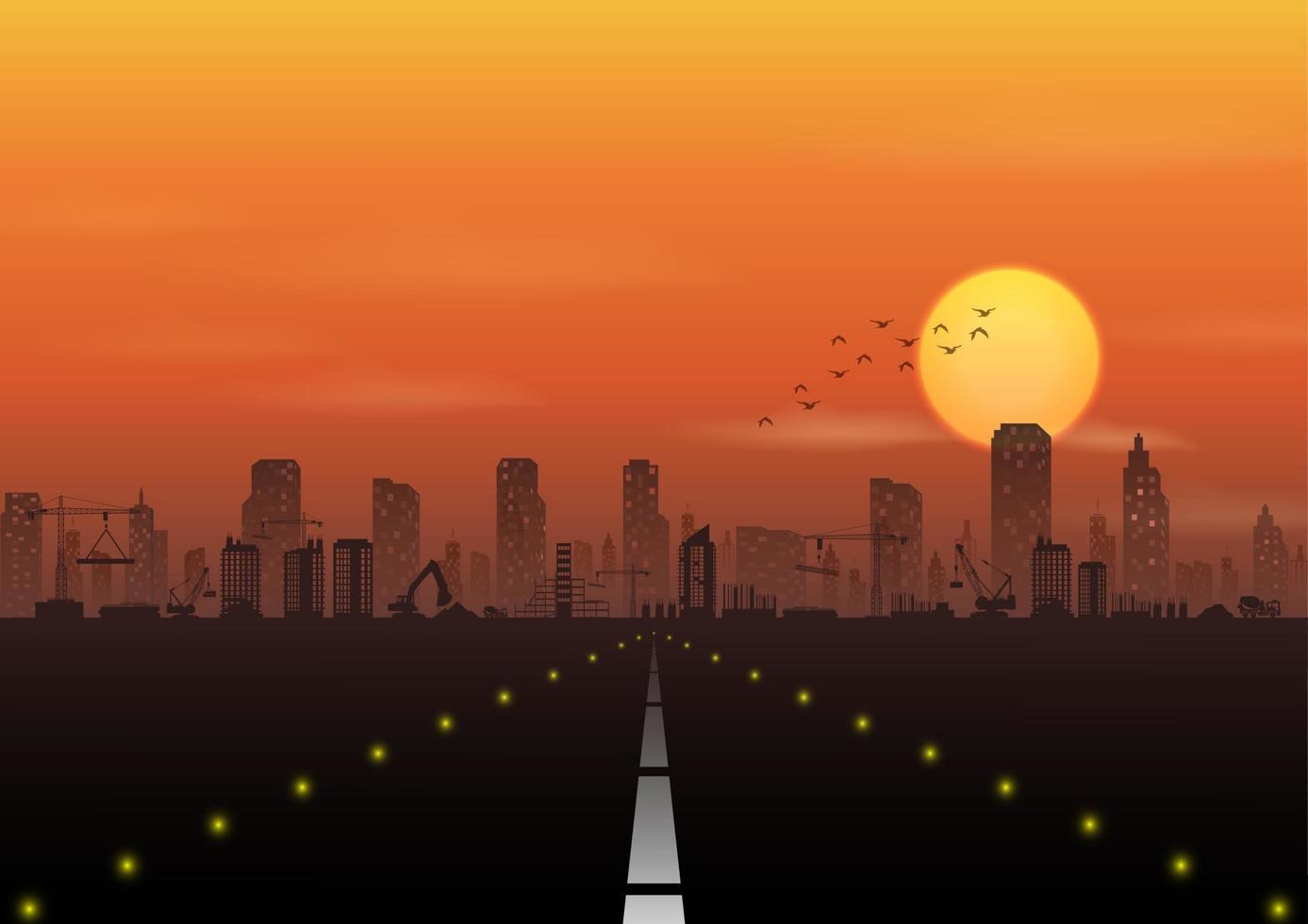 ilustración vectorial de la carretera a la ciudad con el sitio de construcción al fondo de la puesta del sol vector