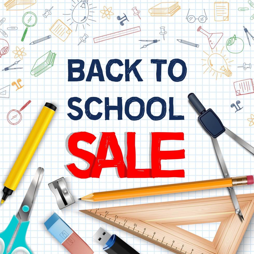 Back to school sale poster with realistic school supplies vector