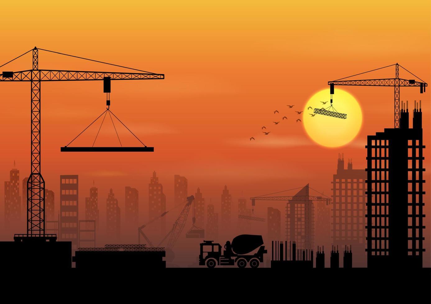 Vector illustration of Construction site silhouettes at sunset