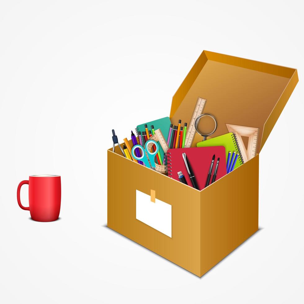 Office accessories in a cardboard box with a mug vector