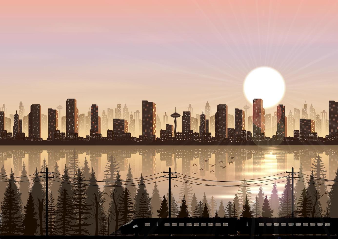 City at sunset background with train beside a river vector