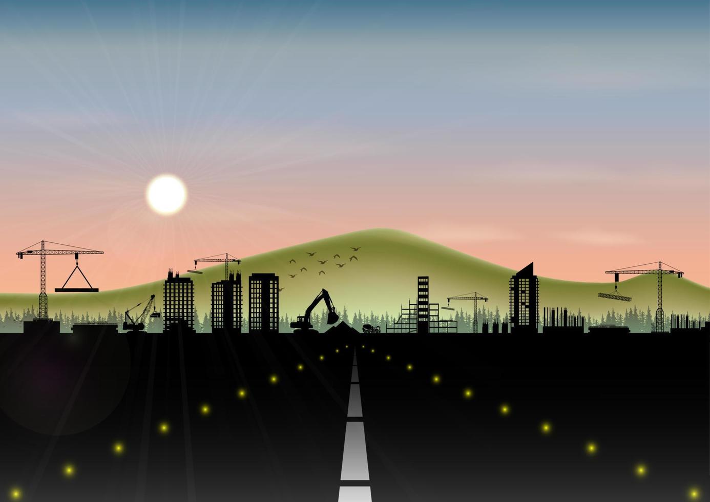 Vector illustration of Highway with construction site and mountain landscape