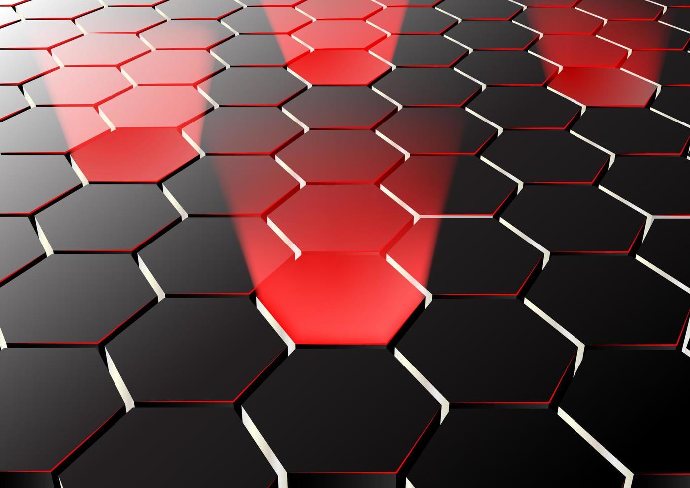 Vector illustration of Perspective hexagonal background with red lights