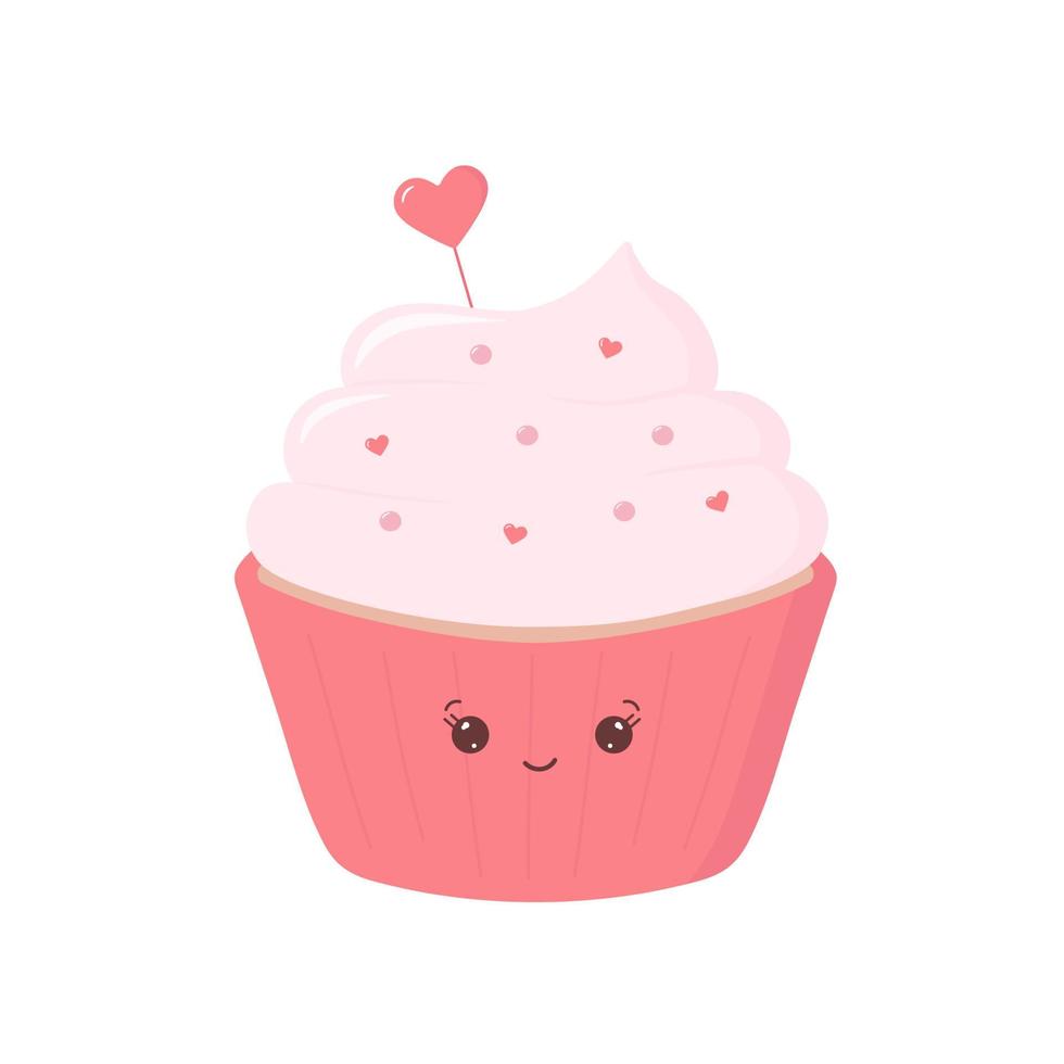 Cute cupcake with cream, heart and funny face. Valentine cake in kawaii style. Vector illustration isolated on white background