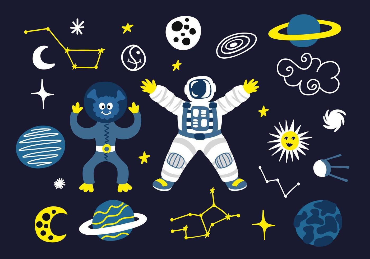 Space set with stars, planets, astronaut, alien, constellations vector