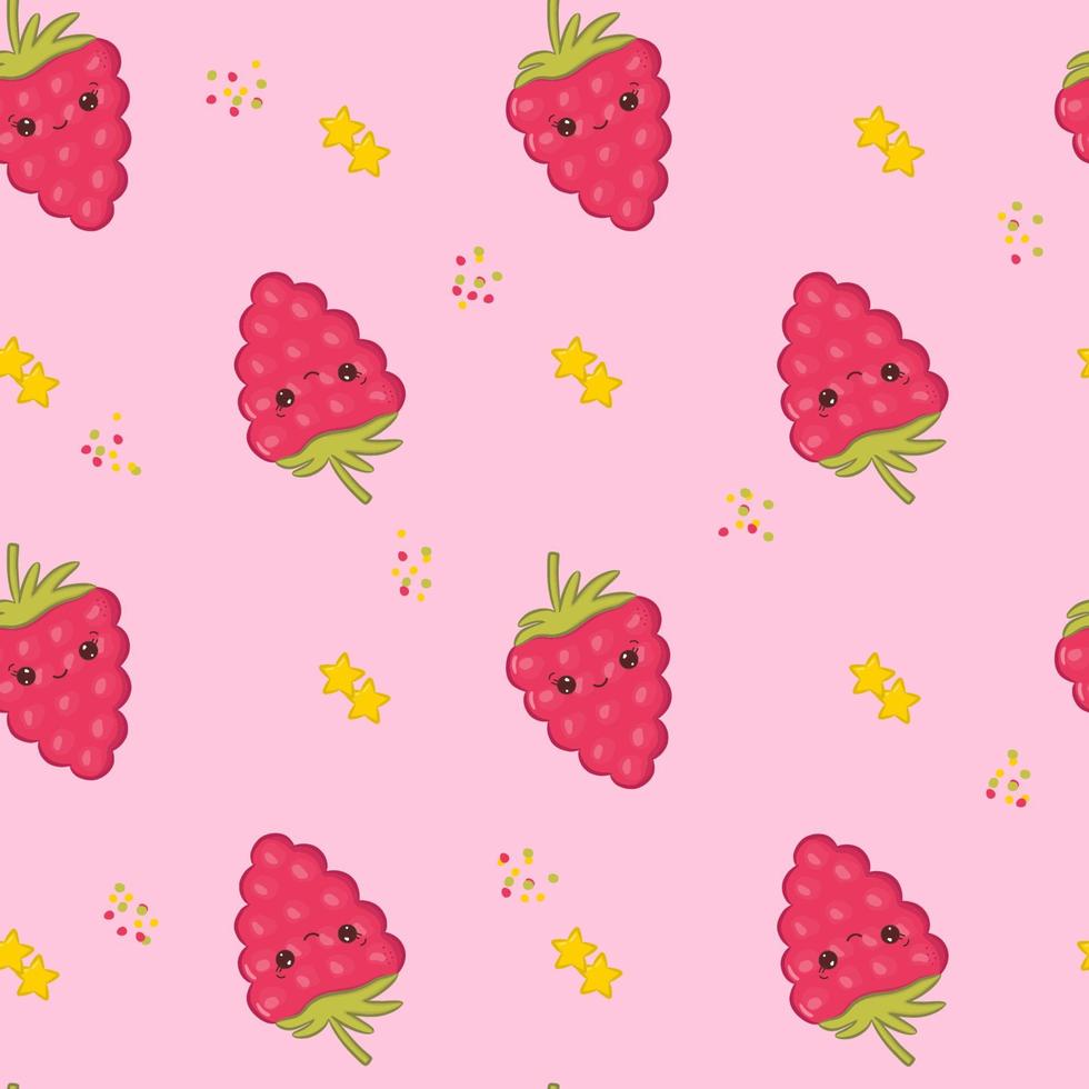 Seamless pattern with kawaii raspberries, dots, stars. Cute pattern for decoration design, backgrounds, stationery, fashion, wrapping paper, textile, scrapbooking and web design. Vector illustration