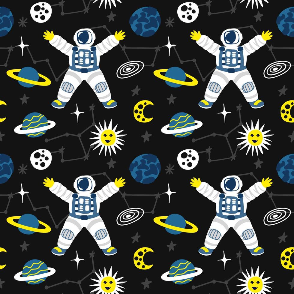 Seamless space pattern with astronaut, planets and constellations vector