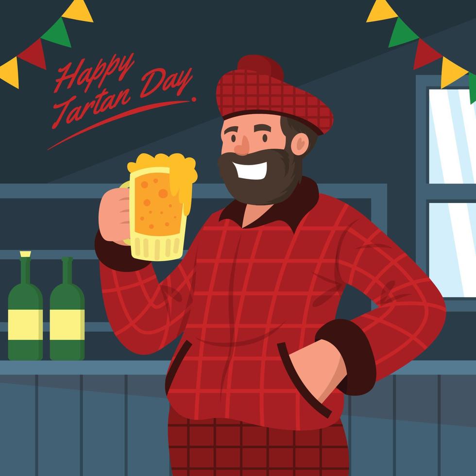 hombre celebrando el día del tartán con cerveza vector