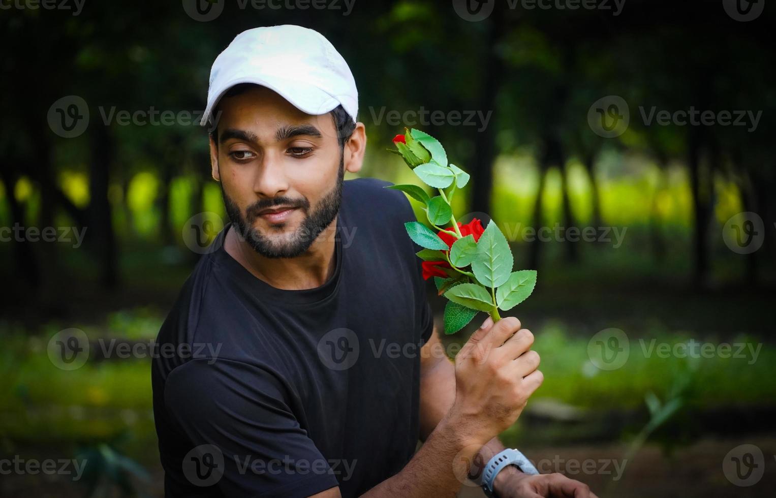 want to propose man with beautiful red rose in thinking photo