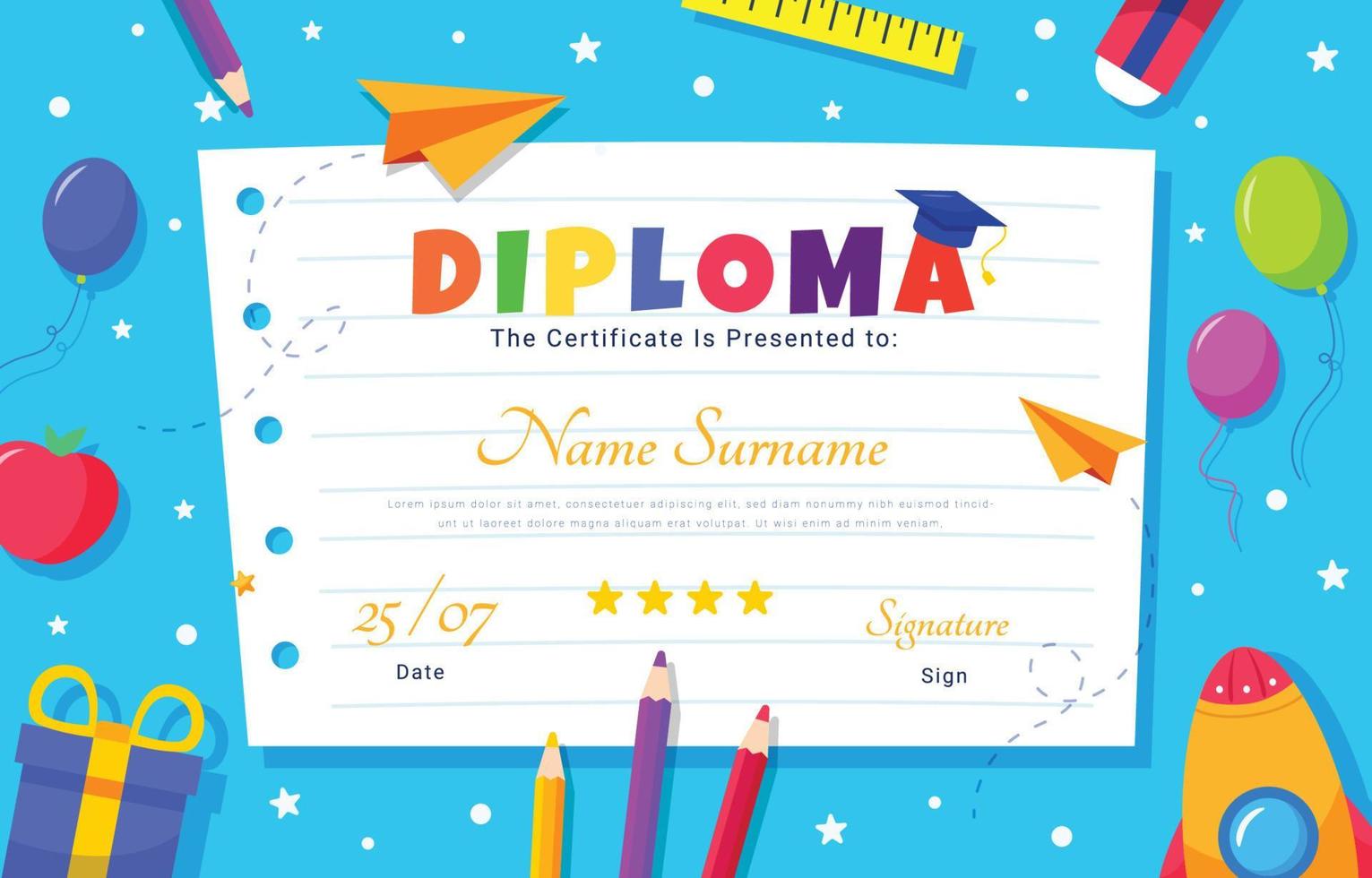 certificado de dibujos animados de diploma de jardín de infantes vector