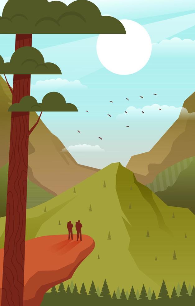 Two Men Hiking with Green Mountain Background vector