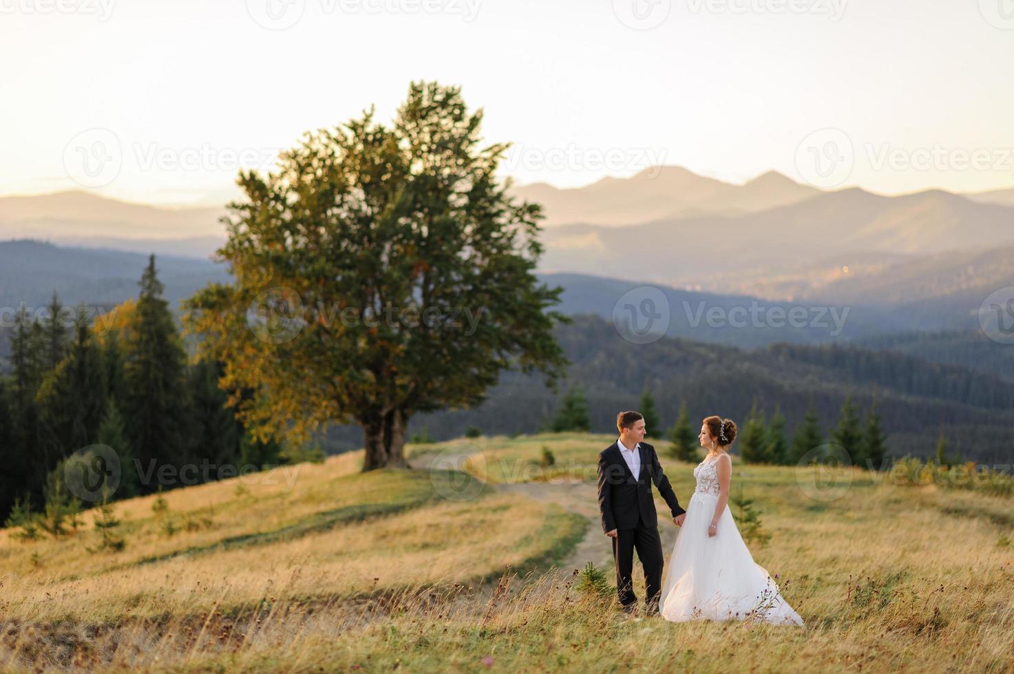 Wedding photography in the mountains. The bride and groom hug tightly. photo