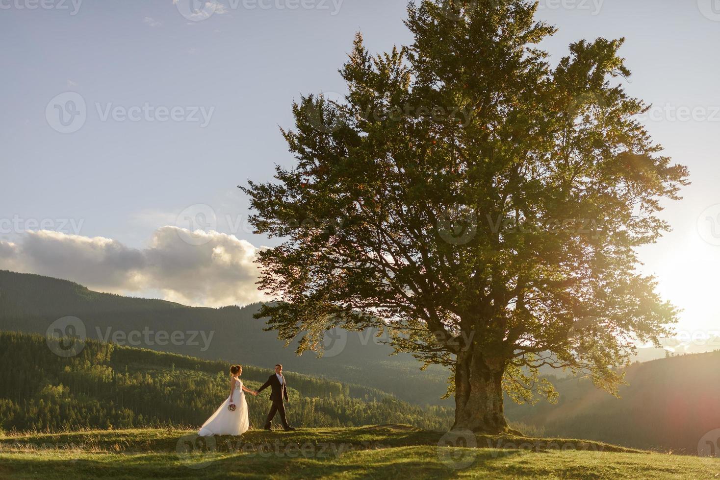 fotografía de boda en la montaña. la novia y el novio se abrazan fuertemente. foto