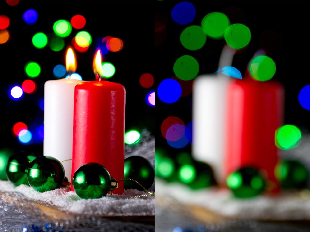 Red candle with a green New Year's ball on the background of lights photo
