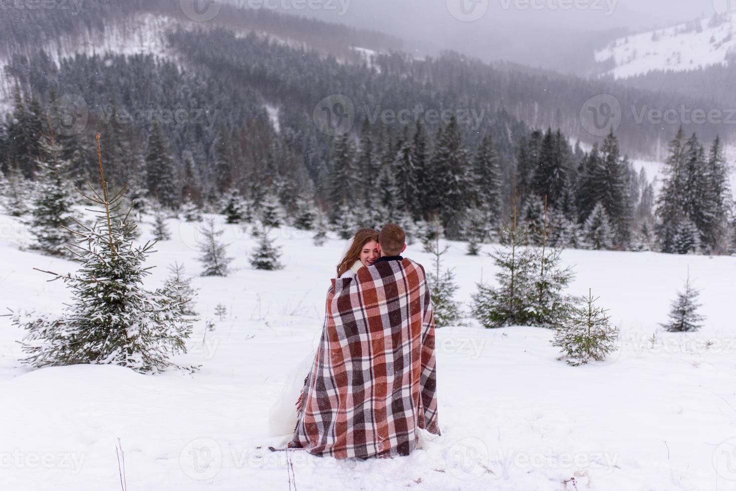 The groom leads his bride by the hand to a lonely old beech. Winter wedding. Place for a logo. photo